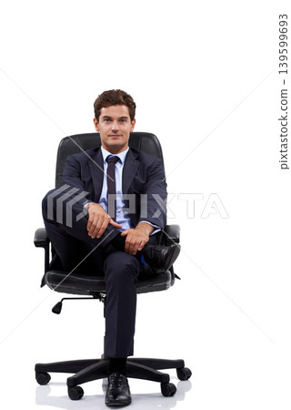 Businessman, portrait and manager sitting in a chair with white background or mock up space in studio. Serious, entrepreneur and waiting on seat with professional style, fashion or suit for work Businessman, portrait and manager sitting in a chair with white background or mock up space in studio. Serious, entrepreneur and waiting on seat with professional style, fashion or suit for work 139599693