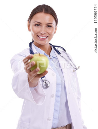 Doctor, portrait or happy woman with apple offer in studio for health, diet or gut health on white background. Healthy eating, smile and face of lady nutritionist with fruit for nutrition or wellness Doctor, portrait or happy woman with apple offer in studio for health, diet or gut health on white background. Healthy eating, smile and face of lady nutritionist with fruit for nutrition or wellness 139599734