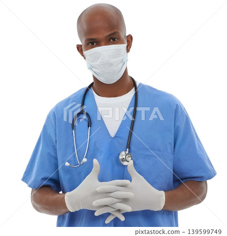 Clasping hands, man and doctor with portrait, professional and employee isolated on a white studio background. Face cover, nurse or surgeon with confidence, healthcare and protection with regulations Clasping hands, man and doctor with portrait, professional and employee isolated on a white studio background. Face cover, nurse or surgeon with confidence, healthcare and protection with regulations 139599749
