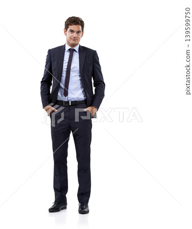 Confident, businessman and portrait with hands in pocket and corporate professional for career pride in studio mockup. Person, face and management for mission and attorney boss by white background Confident, businessman and portrait with hands in pocket and corporate professional for career pride in studio mockup. Person, face and management for mission and attorney boss by white background 139599750