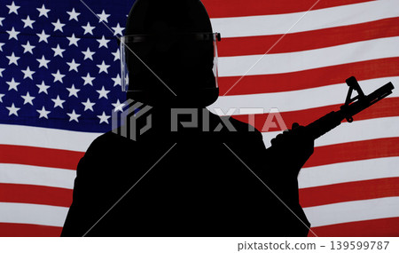 Army, silhouette and usa with soldier and gun in studio for war, military service or patriotic. Armed forces, hero and veteran with person on American flag background for battle, training and courage Army, silhouette and usa with soldier and gun in studio for war, military service or patriotic. Armed forces, hero and veteran with person on American flag background for battle, training and courage 139599787