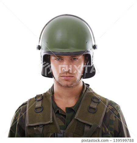 Military, warrior and serious with portrait of man in studio for war, conflict and patriotism. Army, surveillance and security with person on white background for soldier, battlefield and veteran Military, warrior and serious with portrait of man in studio for war, conflict and patriotism. Army, surveillance and security with person on white background for soldier, battlefield and veteran 139599788