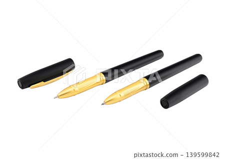 two open black pens with a gold nib on a white background in a strict composition two open black pens with a gold nib on a white background in a strict composition 139599842