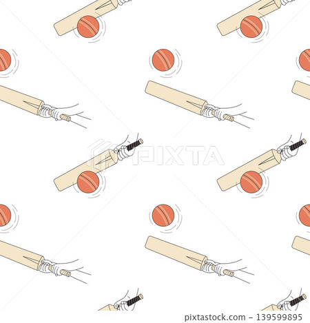Cricket Bat and Ball Seamless Pattern. Impact Hands with Professional Bat Hitting Red Ball, Striking on White Background. Sports Square Minimalist Vector Illustration. Cricket Bat and Ball Seamless Pattern. Impact Hands with Professional Bat Hitting Red Ball, Striking on White Background. Sports Square Minimalist Vector Illustration. 139599895