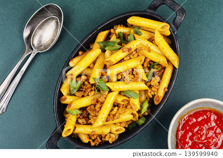 Penne pasta with fried minced meat and green onion Penne pasta with fried minced meat and green onion 139599940