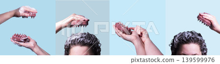 Banner of images illustrating scalp massage with exfoliating brush on blue background. Illustration of washing routine. Concept of scalp care, trichology, natural cosmetics, and home wellness therapy 139599976
