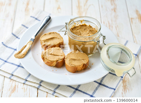 Liver pate on sliced baguette on a plate, selective focus. Liver pate on sliced baguette on a plate, selective focus. 139600014