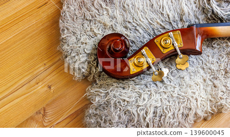 Contrabass headstock with scroll, pegbox, tuning keys, nuts, pegs and brass plates lying on the wooden floor with the felted wool locks rug. Copy space. Contrabass headstock with scroll, pegbox, tuning keys, nuts, pegs and brass plates lying on the wooden floor with the felted wool locks rug. Copy space. 139600045