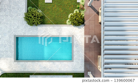 Top view of luxury swimming pool and garden patio with pergola, 3D Rendering 139600067