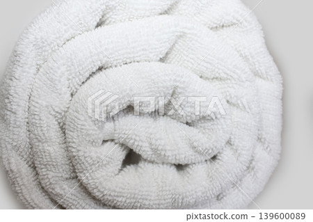 White shower towels, cotton, textile, towel background, close up photo 139600089