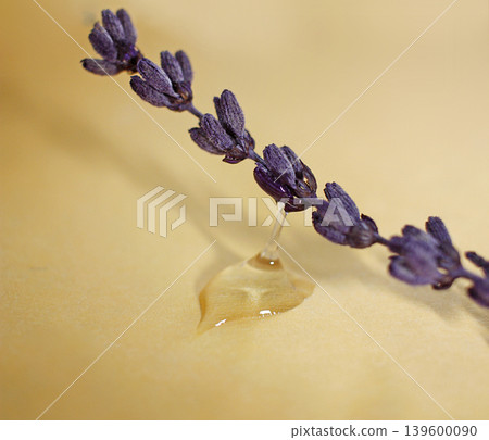 Top view on drop of gel and bottle, lavender extract, cosmetic product 139600090