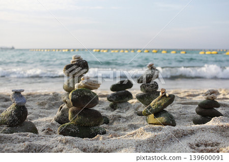 Stones balance on beach, sea shot. Meditation and relax background 139600091