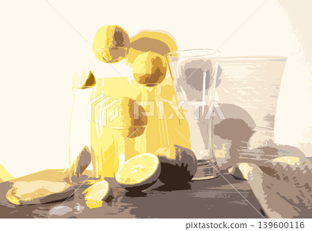 Lemons with lemonade,Still life with lemons, glass goblets, decanter with lemonade, glassware. background Lemons with lemonade,Still life with lemons, glass goblets, decanter with lemonade, glassware. background 139600116