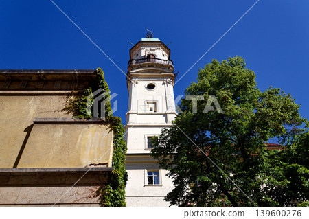 Astronomical Tower of the Klementinum in Prague with Atlant statue holding heavens, Czech Republic, clear blue sky, sunny day Astronomical Tower of the Klementinum in Prague with Atlant statue holding heavens, Czech Republic, clear blue sky, sunny day 139600276