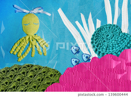 Knitted octopus. Amigurumi. Handmade. Abstract creative background with knitted octopus. Knitted octopus. Amigurumi. Handmade. Abstract creative background with knitted octopus. 139600444