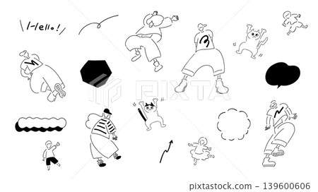Dancing people with dancing cats & speech bubbles | Line art, hand-drawn illustration, vector Dancing people with dancing cats & speech bubbles | Line art, hand-drawn illustration, vector 139600606