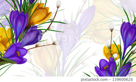 Rectangular frame with with yellow and violet and yellow crocuses, green branches, willow branches Rectangular frame with with yellow and violet and yellow crocuses, green branches, willow branches 139600628