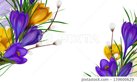 Rectangular frame with with yellow and violet and yellow crocuses, green branches Rectangular frame with with yellow and violet and yellow crocuses, green branches 139600629