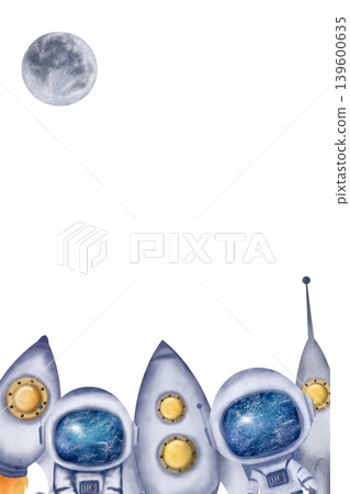 Rectangular frame with astronauts, rockets, Moon, sky background. Digital watercolor. Cute for the kids design Rectangular frame with astronauts, rockets, Moon, sky background. Digital watercolor. Cute for the kids design 139600635