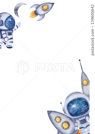 Rectangular frame with astronauts, rockets, Moon, sky background. Digital watercolor 139600642