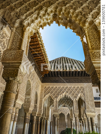 Alhambra Moorish Courtyard With Ornate Arches and Intricate Islamic Stucco Architecture in Granada 139600781