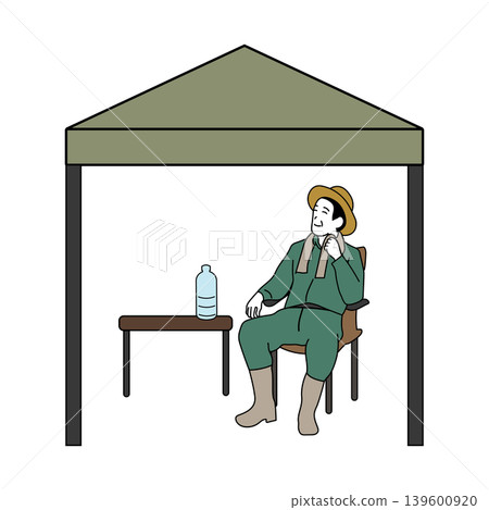 An illustration of a farmer wearing a straw hat, sitting on a chair in the shade of a tent to rest during a break from farm work. An illustration of a farmer wearing a straw hat, sitting on a chair in the shade of a tent to rest during a break from farm work. 139600920