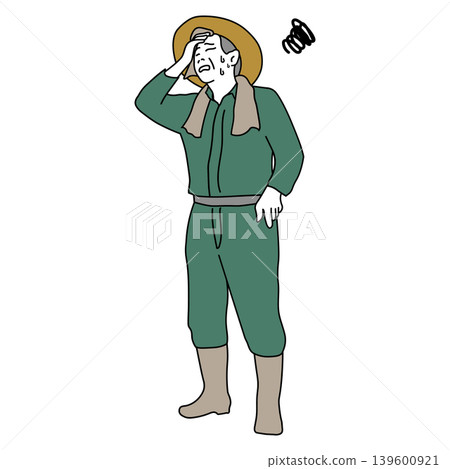 An illustration of a farmer wearing a straw hat, sweating profusely and holding his head, showing symptoms of heatstroke while working in the fields. An illustration of a farmer wearing a straw hat, sweating profusely and holding his head, showing symptoms of heatstroke while working in the fields. 139600921