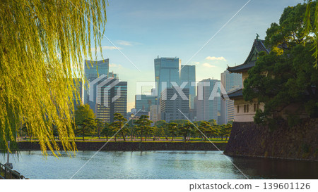 Tokyo, Japan - Oct 1 2024, panoramic view from water of the Tokyo Imperial Palace, with tree foliage in foreground and skyscrapers on the horizon in the background, at sunset, Tokyo, Japan Tokyo, Japan - Oct 1 2024, panoramic view from water of the Tokyo Imperial Palace, with tree foliage in foreground and skyscrapers on the horizon in the background, at sunset, Tokyo, Japan 139601126