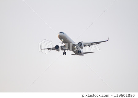 Commercial jet airplane captured head on during descent with landing lights and extended gear against a clean bright sky background. Commercial jet airplane captured head on during descent with landing lights and extended gear against a clean bright sky background. 139601886