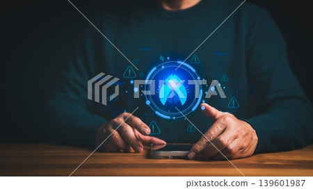 Man using smartphone with cybersecurity bug icon for virus and malware alert. Hacker threat system warning on internet technology for data security and protection. 139601987