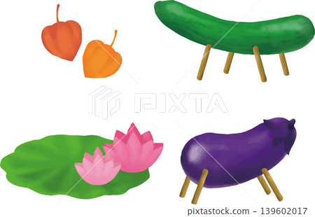 Obon, Higan, offerings, spirit horses and spirit cows, watercolor, hand-drawn, decoration, design, illustration material Obon, Higan, offerings, spirit horses and spirit cows, watercolor, hand-drawn, decoration, design, illustration material 139602017
