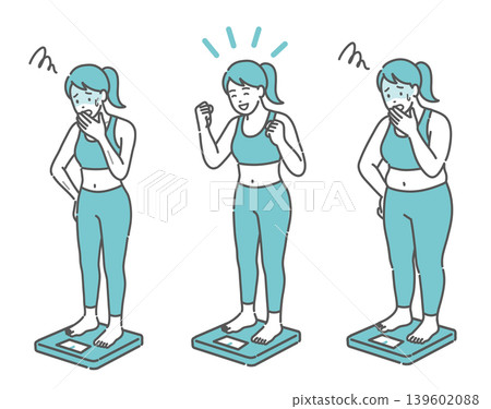 A set of illustrations showing adult women weighing themselves, categorized by body type (slim, normal, obese). A set of illustrations showing adult women weighing themselves, categorized by body type (slim, normal, obese). 139602088