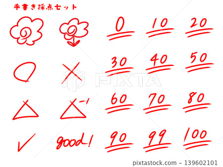 一組手寫的評分標記和數字:滿分、考試分數、紅筆。 一組手寫的評分標記和數字:滿分、考試分數、紅筆。 139602101