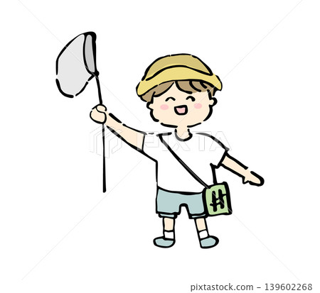 A hand-drawn illustration of a boy holding a butterfly net, wearing a hat, in the summer. A hand-drawn illustration of a boy holding a butterfly net, wearing a hat, in the summer. 139602268