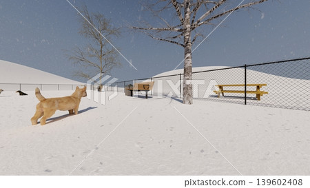 A scene of dogs playing in a spacious dog run amidst the snow, with people included (3DCG illustration) A scene of dogs playing in a spacious dog run amidst the snow, with people included (3DCG illustration) 139602408