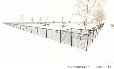 雪地裡,一群狗狗在寬敞的狗舍裡玩耍,畫面中還有人(3DCG 插圖)。 雪地裡,一群狗狗在寬敞的狗舍裡玩耍,畫面中還有人(3DCG 插圖)。 139602413