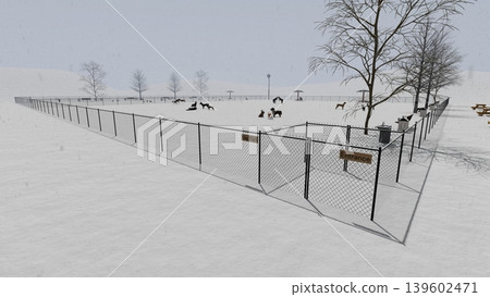 雪地裡，一群狗狗在寬敞的狗舍裡玩耍，畫面中還有人（3DCG 插圖）。 139602471