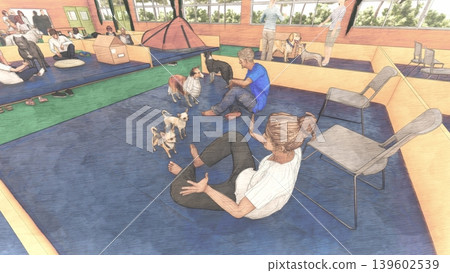 一幅 3DCG 插圖,描繪了在體育館內設立的避難所(許多人和他們的寵物狗和貓都待在裡面)。 一幅 3DCG 插圖,描繪了在體育館內設立的避難所(許多人和他們的寵物狗和貓都待在裡面)。 139602539