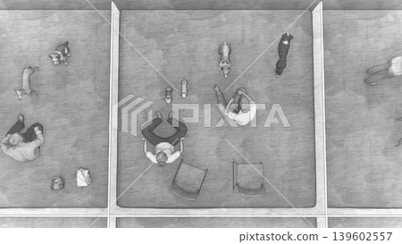 A 3DCG illustration depicting a shelter set up in a gymnasium (with many people and their pet dogs and cats staying inside). A 3DCG illustration depicting a shelter set up in a gymnasium (with many people and their pet dogs and cats staying inside). 139602557