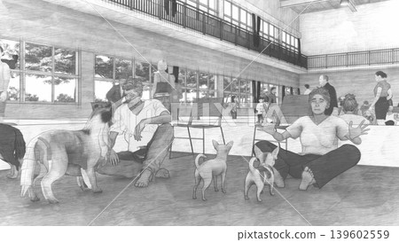A 3DCG illustration depicting a shelter set up in a gymnasium (with many people and their pet dogs and cats staying inside). A 3DCG illustration depicting a shelter set up in a gymnasium (with many people and their pet dogs and cats staying inside). 139602559