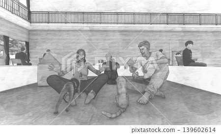 A 3DCG illustration depicting a shelter set up in a gymnasium (with many people and their pet dogs and cats staying inside). A 3DCG illustration depicting a shelter set up in a gymnasium (with many people and their pet dogs and cats staying inside). 139602614