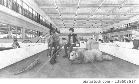 一幅 3DCG 插圖,描繪了在體育館內設立的避難所(許多人和他們的寵物狗和貓都待在裡面)。 一幅 3DCG 插圖,描繪了在體育館內設立的避難所(許多人和他們的寵物狗和貓都待在裡面)。 139602617