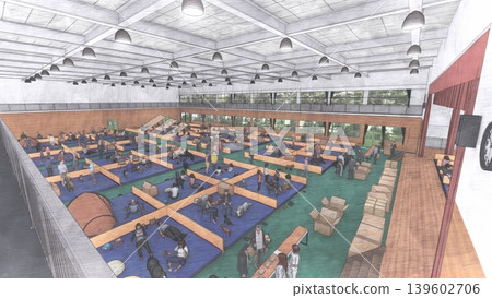A 3DCG illustration depicting a shelter set up in a gymnasium (with many people and their pet dogs and cats staying inside). A 3DCG illustration depicting a shelter set up in a gymnasium (with many people and their pet dogs and cats staying inside). 139602706