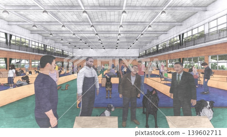 A 3DCG illustration depicting a shelter set up in a gymnasium (with many people and their pet dogs and cats staying inside). A 3DCG illustration depicting a shelter set up in a gymnasium (with many people and their pet dogs and cats staying inside). 139602711