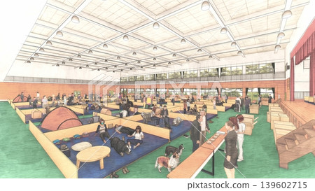 A 3DCG illustration depicting a shelter set up in a gymnasium (with many people and their pet dogs and cats staying inside). A 3DCG illustration depicting a shelter set up in a gymnasium (with many people and their pet dogs and cats staying inside). 139602715