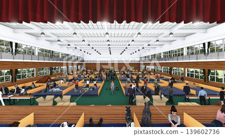 A 3DCG illustration depicting a shelter set up in a gymnasium (with many people and their pet dogs and cats staying inside). A 3DCG illustration depicting a shelter set up in a gymnasium (with many people and their pet dogs and cats staying inside). 139602736