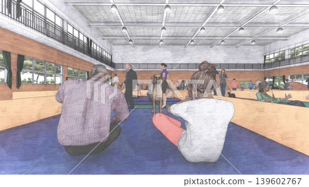 A 3DCG illustration depicting a shelter set up in a gymnasium (with many people and their pet dogs and cats staying inside). A 3DCG illustration depicting a shelter set up in a gymnasium (with many people and their pet dogs and cats staying inside). 139602767