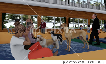 A 3DCG illustration depicting a shelter set up in a gymnasium (with many people and their pet dogs and cats staying inside). A 3DCG illustration depicting a shelter set up in a gymnasium (with many people and their pet dogs and cats staying inside). 139602819