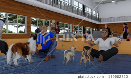 A 3DCG illustration depicting a shelter set up in a gymnasium (with many people and their pet dogs and cats staying inside). 139602820