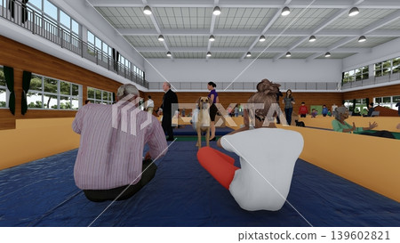 A 3DCG illustration depicting a shelter set up in a gymnasium (with many people and their pet dogs and cats staying inside). A 3DCG illustration depicting a shelter set up in a gymnasium (with many people and their pet dogs and cats staying inside). 139602821